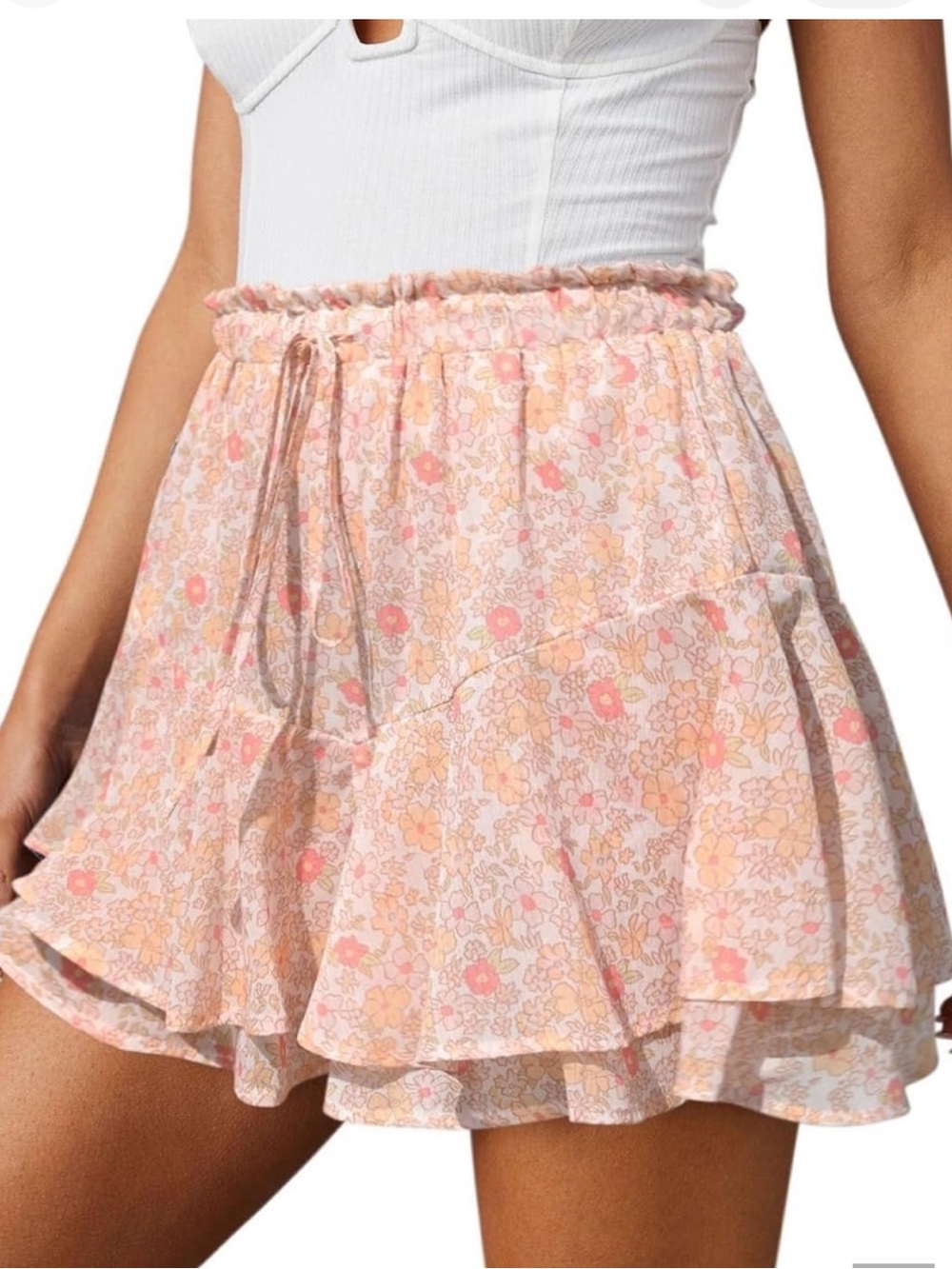 Orange Pink Floral Chiffon Tennis Ruffle Tiered Skort Skirt Shorts L Large